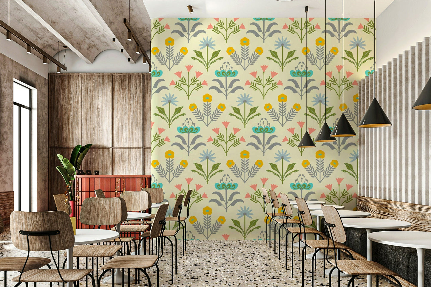 Lora Mid Century Modern Scandi Retro Floral Cottage Pastel Yellow Cream Wallpaper⁠