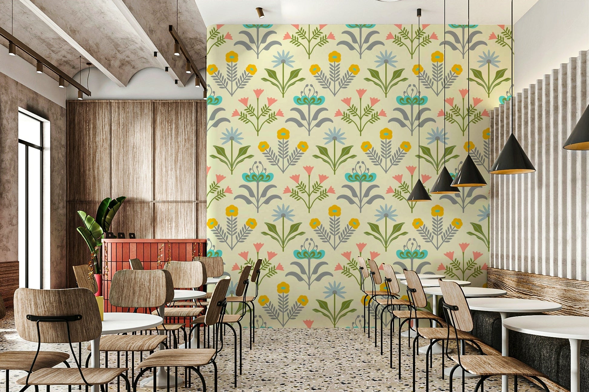 Lora Mid Century Modern Scandi Retro Floral Cottage Pastel Yellow Cream Wallpaper⁠