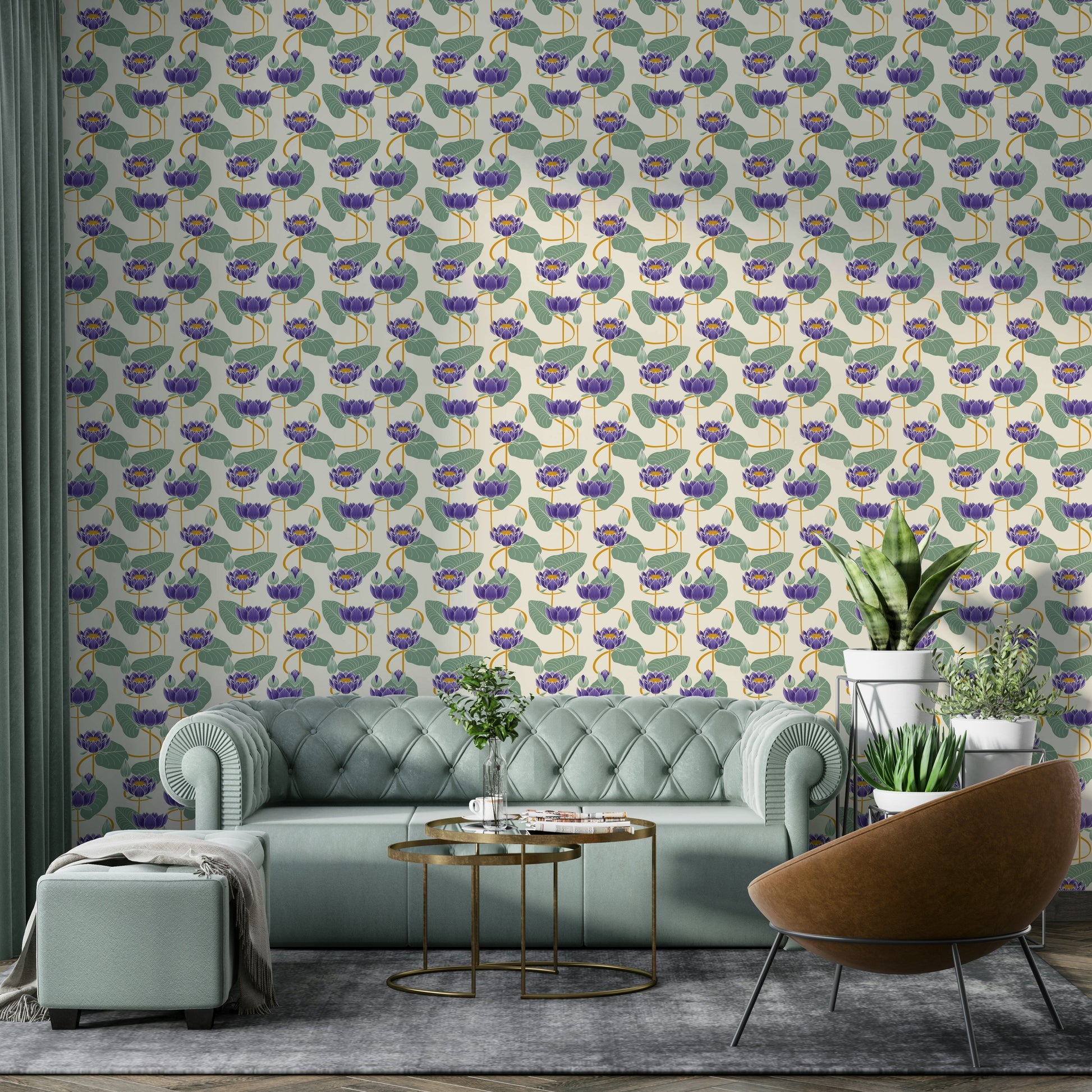 Hand-drawn lotus flower mural for peaceful bedrooms

