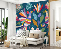Love Birds mural on teal behind a white sofa with chevron cushion and side tables in a living room