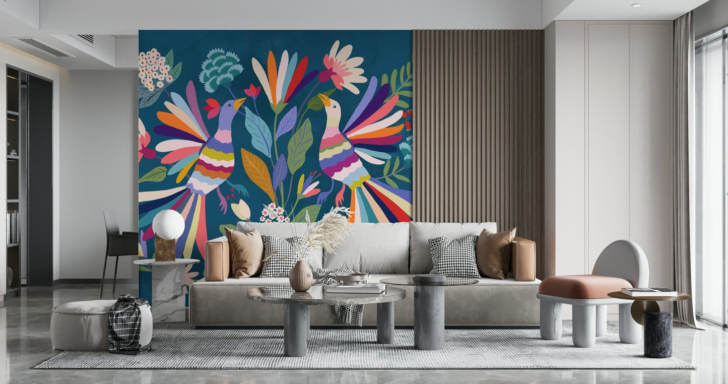 Love Birds mural of vivid birds on blue beside a wood-slat wall above a gray sofa in a living room