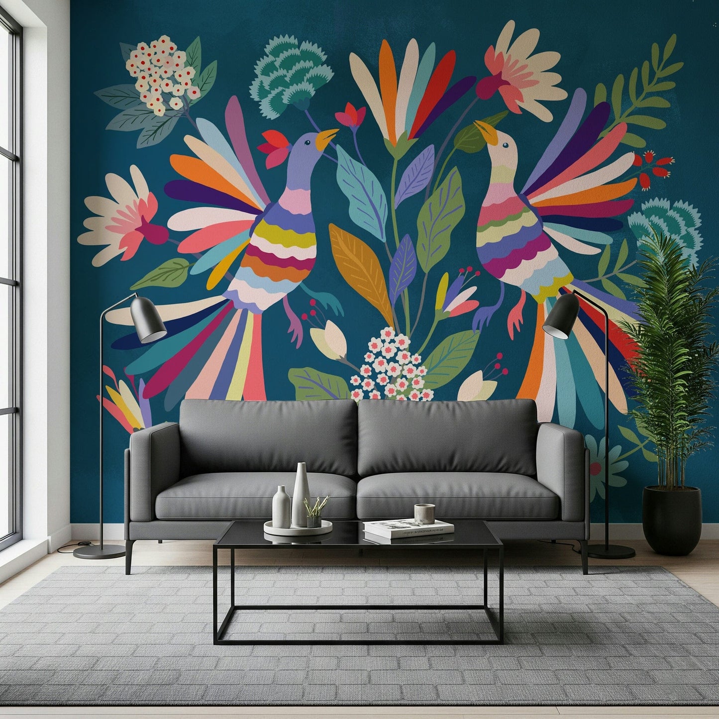 Love Birds mural of two vivid birds on blue behind a gray sofa and black coffee table in a living room