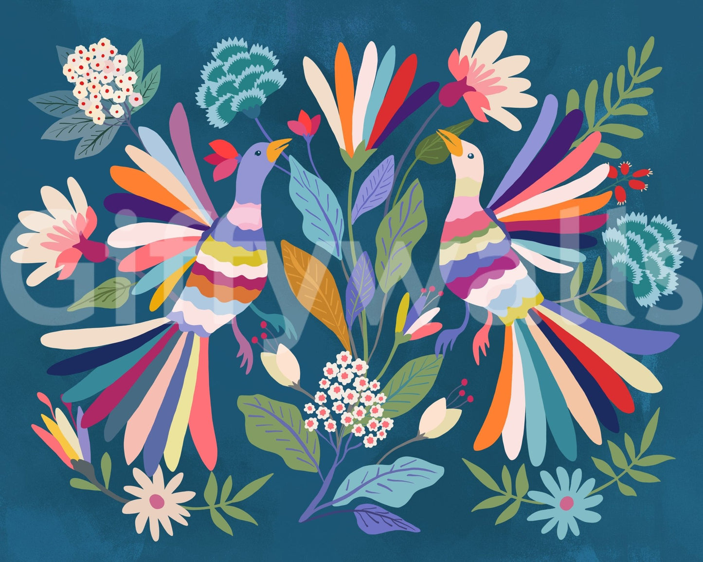 Love Birds mural artwork of two rainbow folk-art birds and flowers on deep teal shown flat