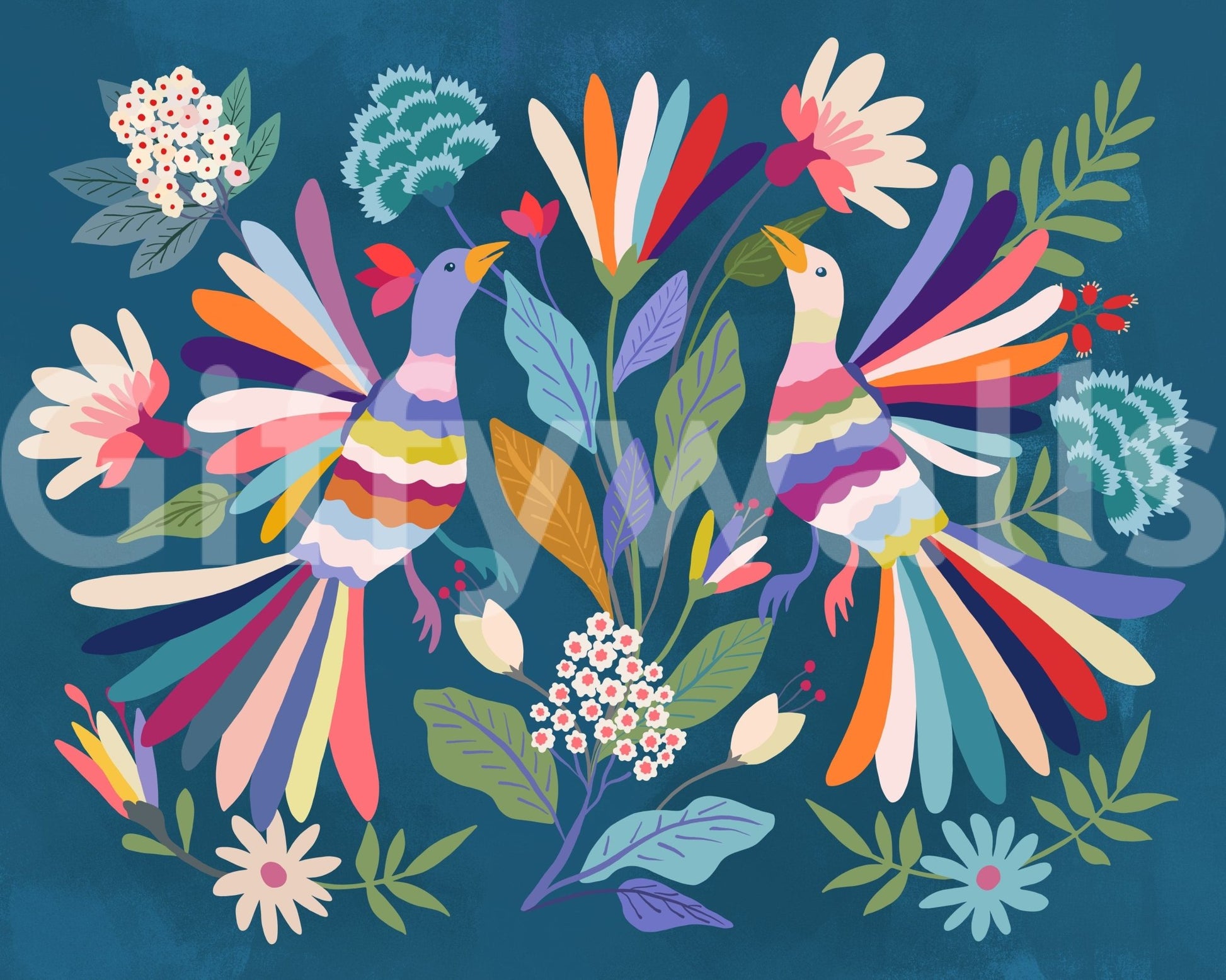 Love Birds mural artwork of two rainbow folk-art birds and flowers on deep teal shown flat