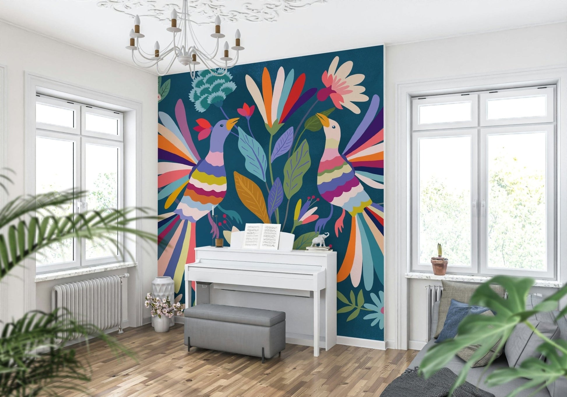 Love Birds mural of two colorful birds on blue behind a white piano in a bright music room