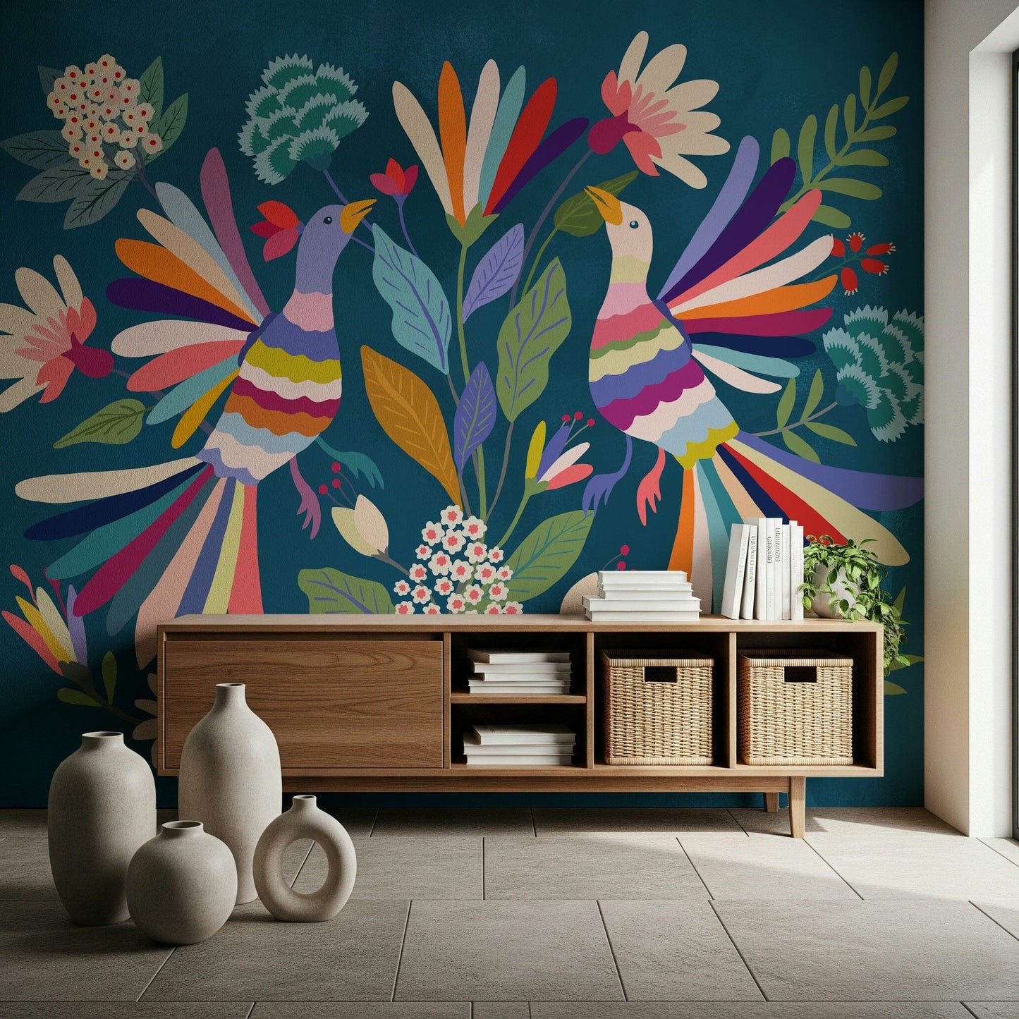 Love Birds mural in teal and pink behind a wooden console with vases and woven baskets in a hallway