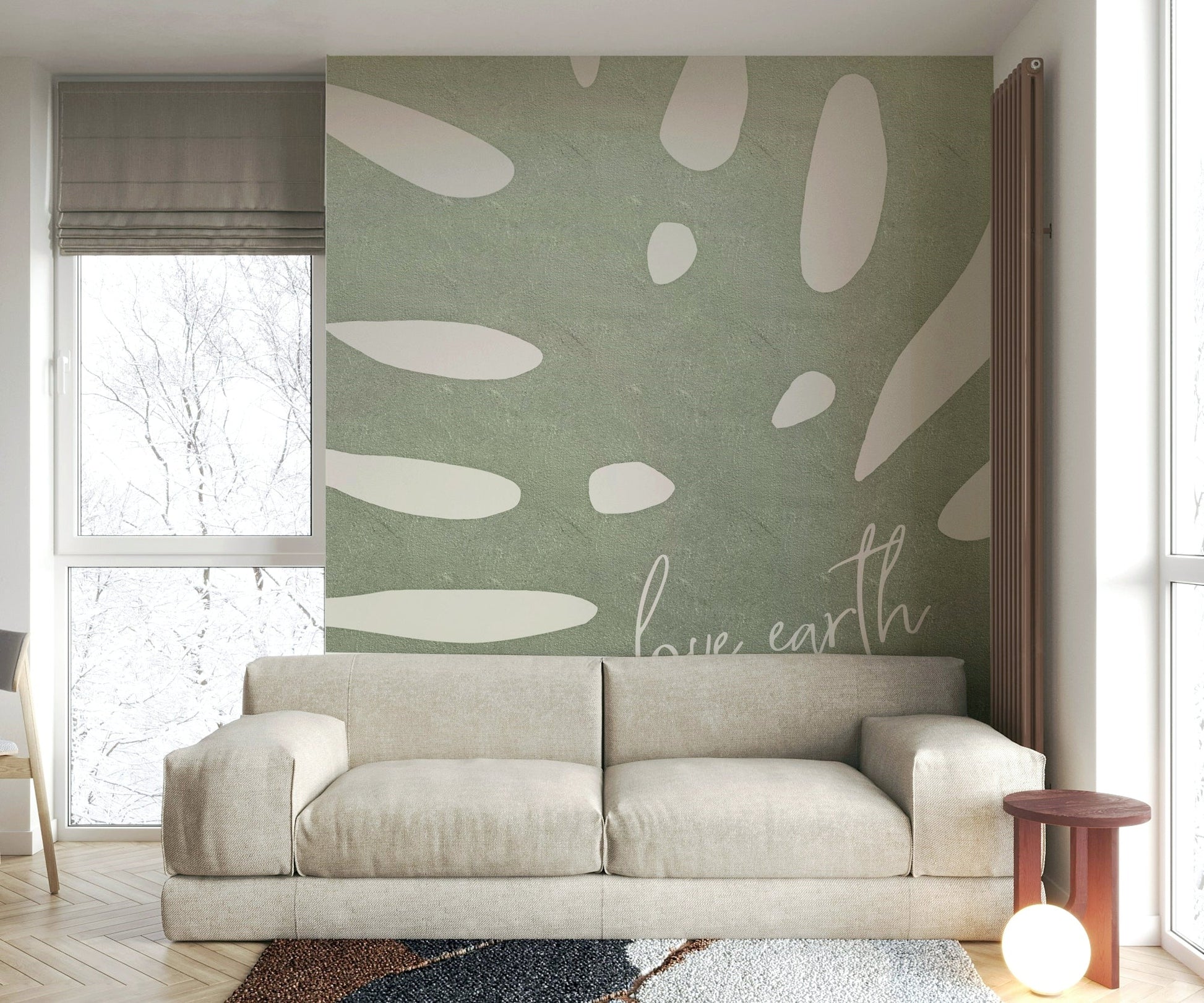 Green botanical Love Earth mural for eco-conscious homes

