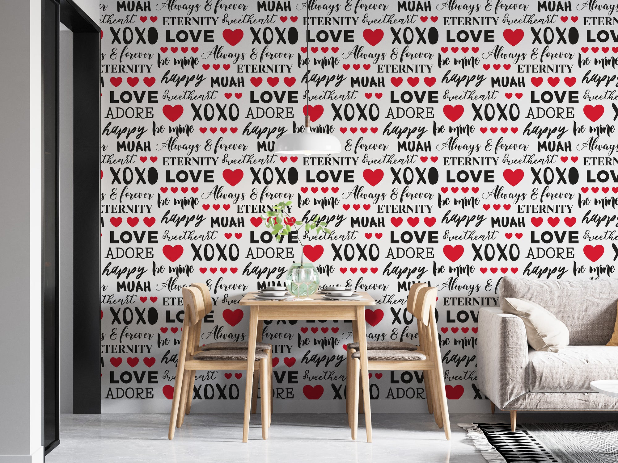 Love Quotes wallpaper mural of black and red love words and hearts behind a light wood dining table and white sofa