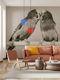 Nature inspired Lovebirds on a Perch wallpaper for walls showing affectionate avian pair.