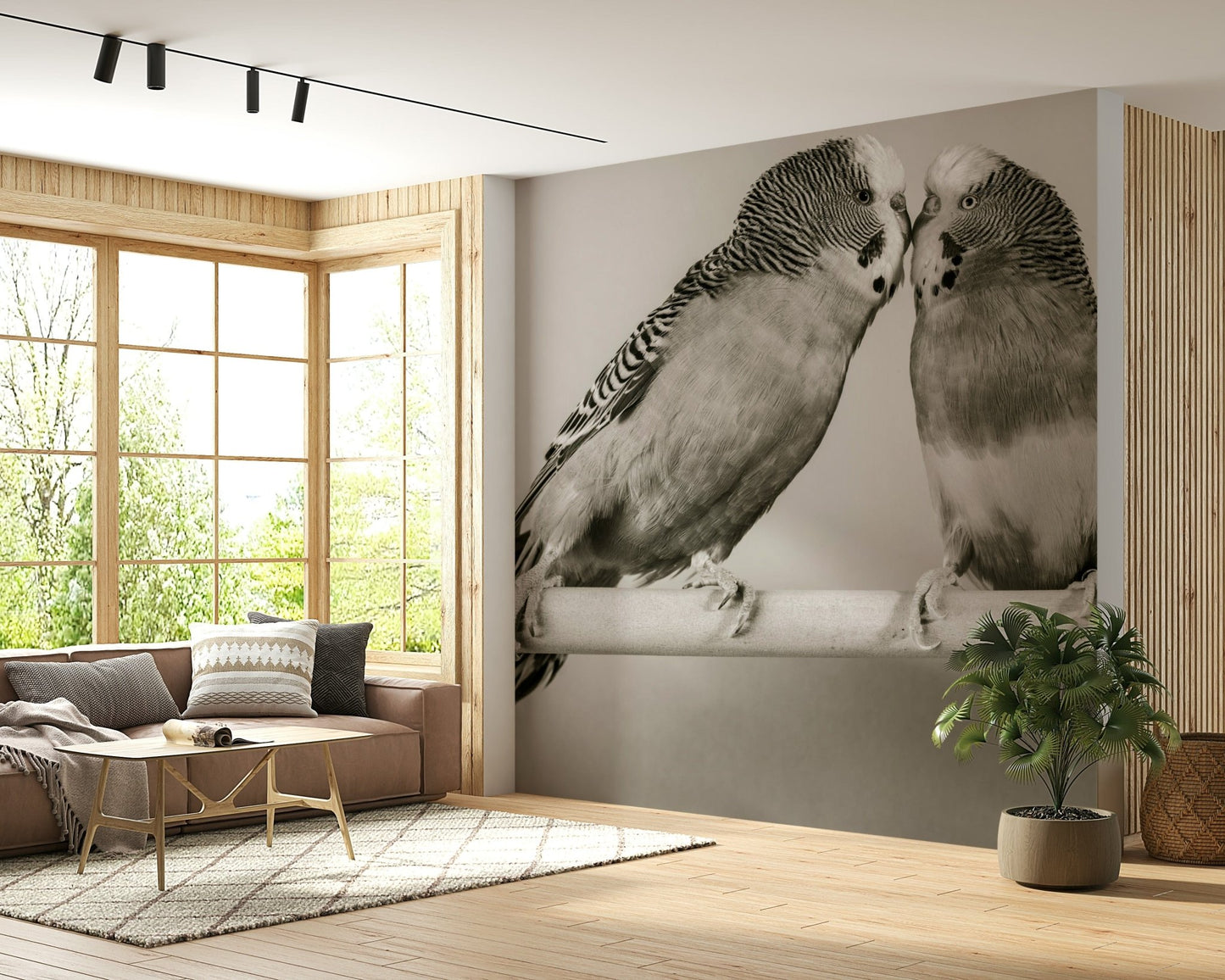 Serene Lovebirds on a Perch self adhesive mural capturing calm animal connection.