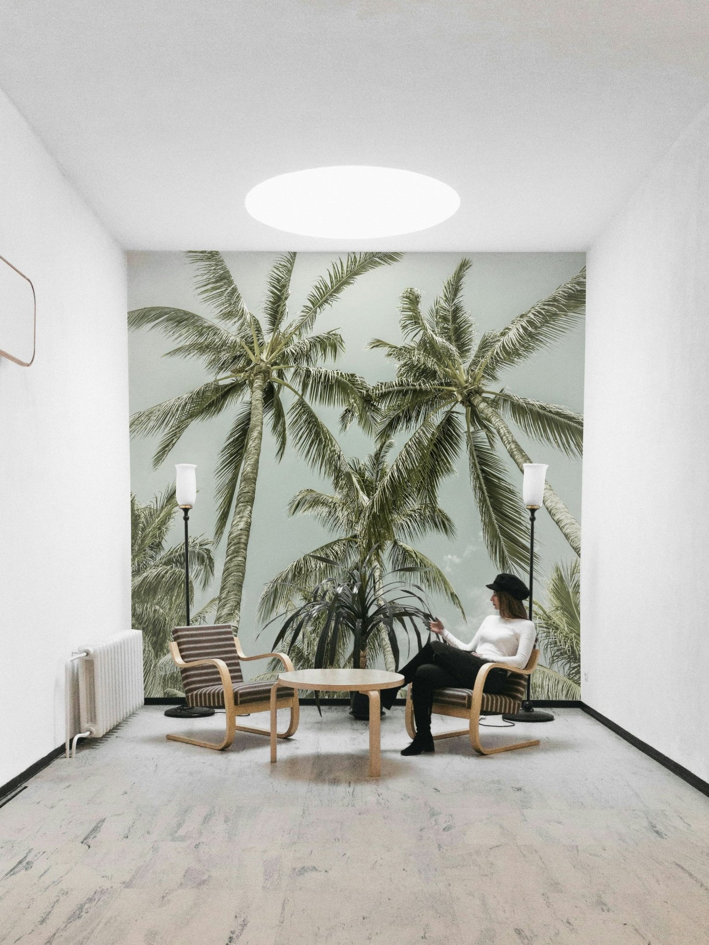 Retro coastal mural with palm trees and serene backdrop

