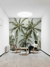 Retro coastal mural with palm trees and serene backdrop

