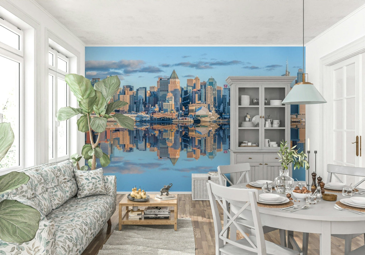 Peel and stick wallpaper Lower Manhattan skyline city view architectural design.