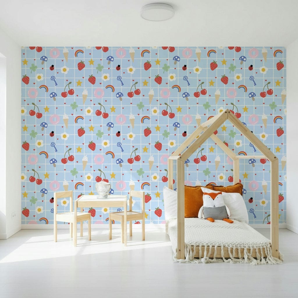 Playful children's design wallpaper. Lucky Charm strawberries ladybug print.
