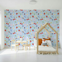 Playful children's design wallpaper. Lucky Charm strawberries ladybug print.