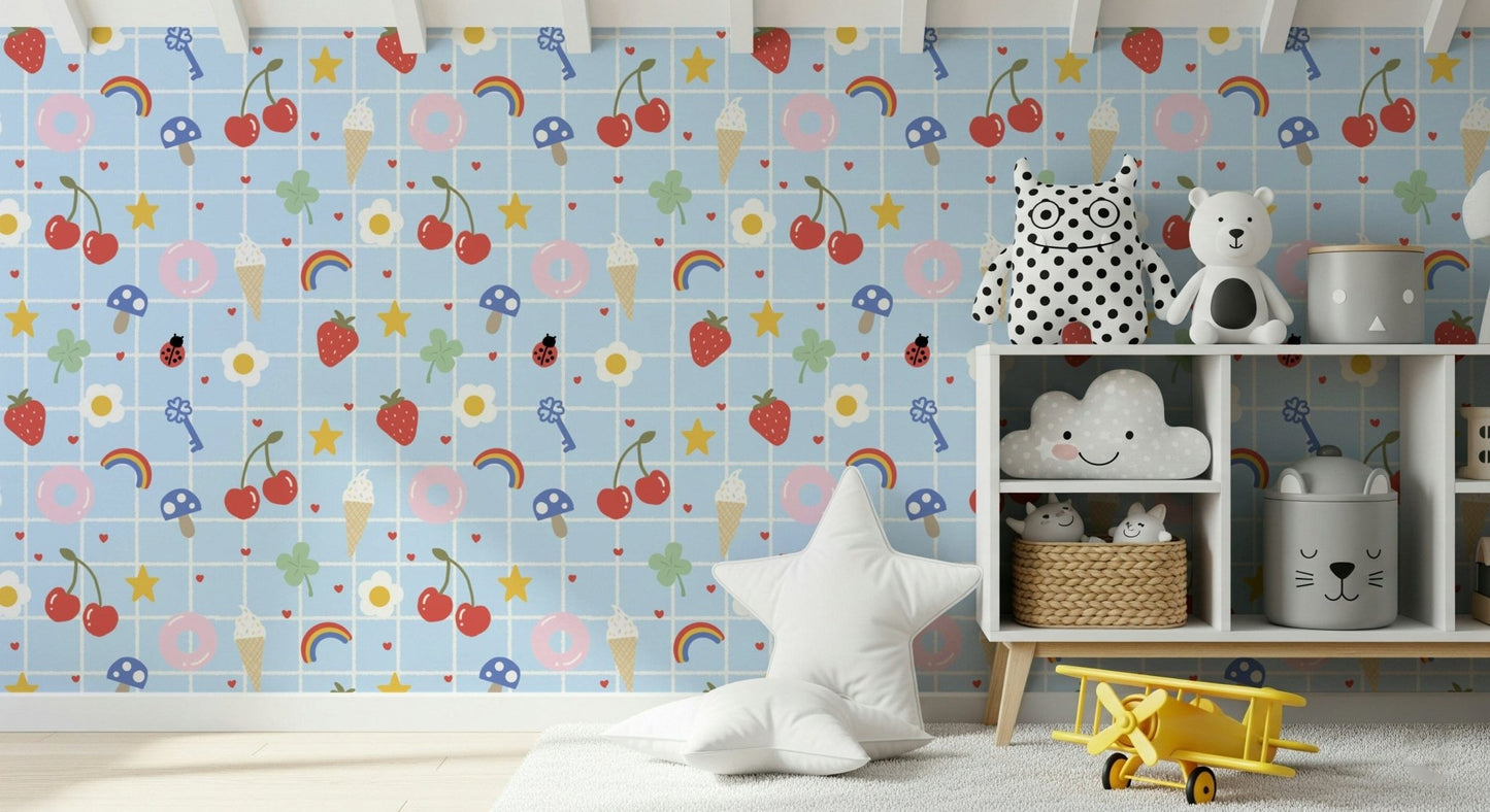 Childlike doodles on lovely Lucky Charm wallpaper for a bedroom.