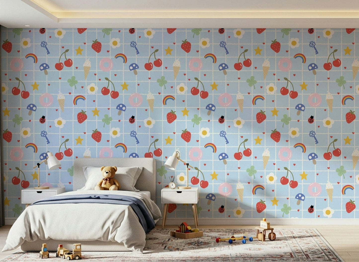 Charming Lucky Charm kitchen wallpaper with vibrant fruit motifs.