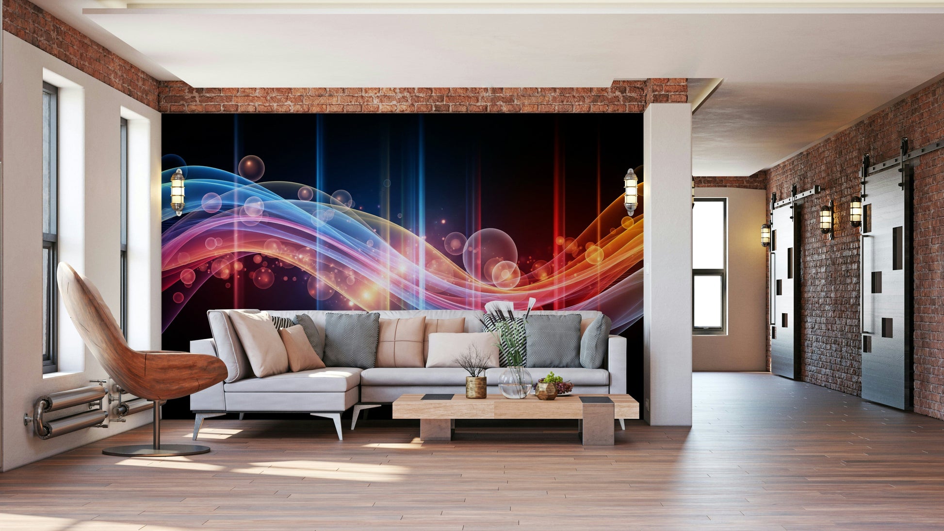 A bedroom decorated with a luminous wave mural

