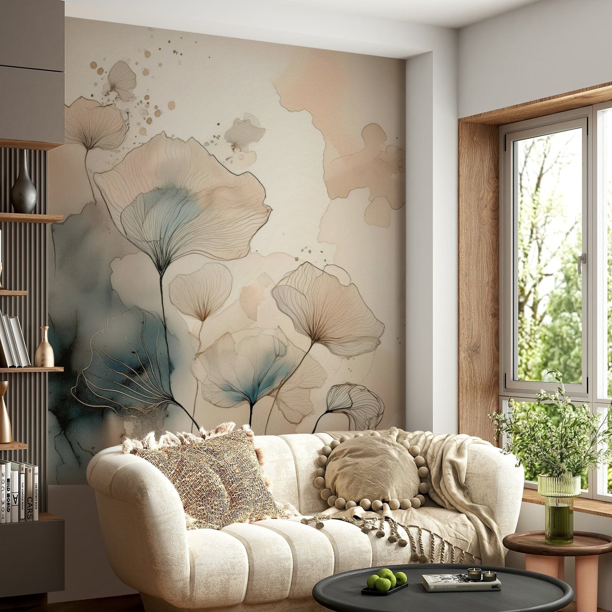 Luminous Botanical Lines wallpaper mural in blue and beige behind a cream tufted sofa in a cosy sunlit living room
