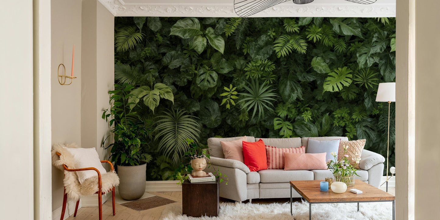 The mural gives the illusion of being surrounded by a wall of plants.
