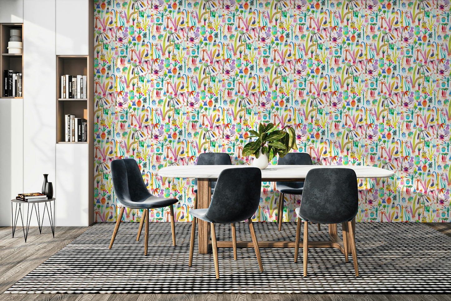 Whimsical garden wallpaper with butterflies and plants

