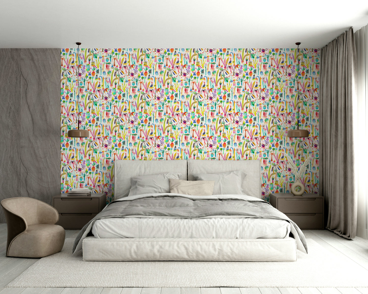 Kids botanical wallpaper with flowers and leaves

