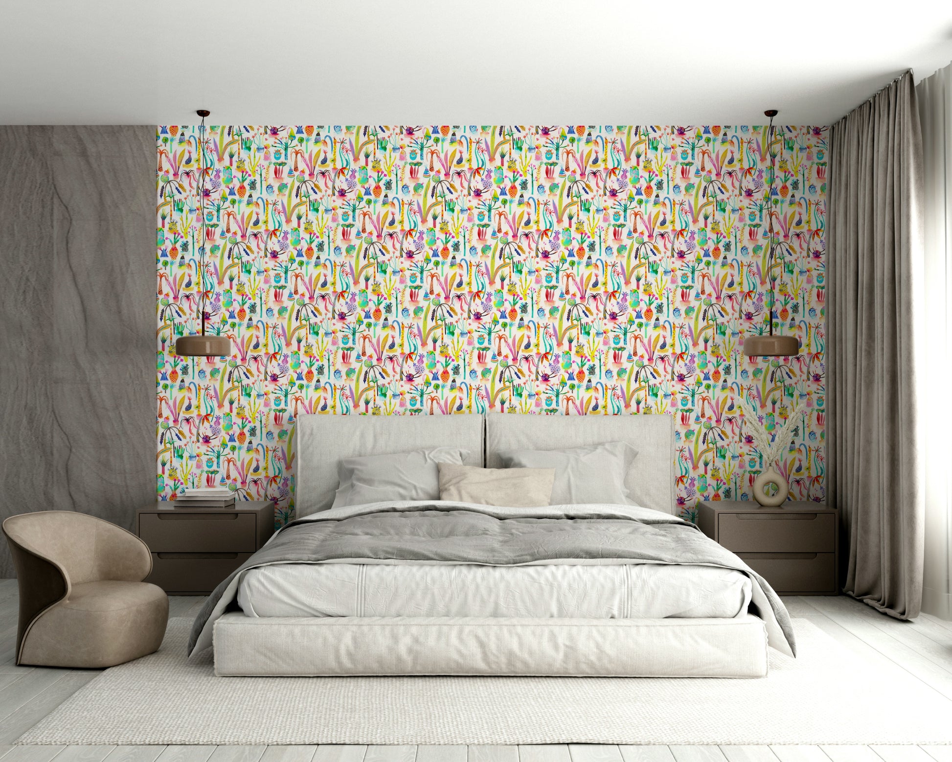 Kids botanical wallpaper with flowers and leaves

