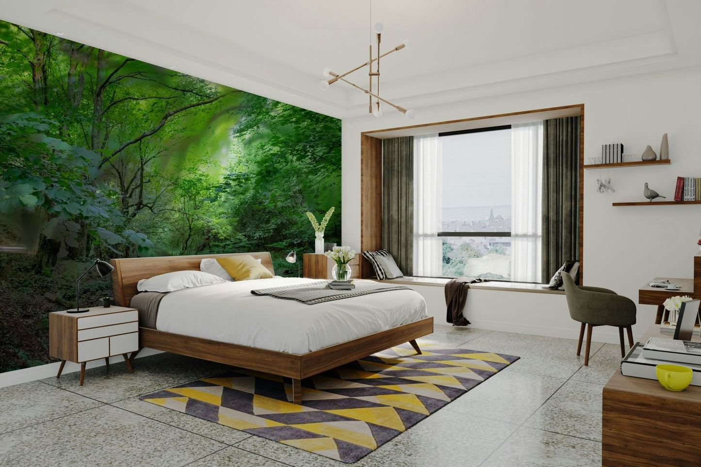 Lush green forest pathway wallpaper mural with sunlit emerald trees behind a wooden bed in a modern bedroom