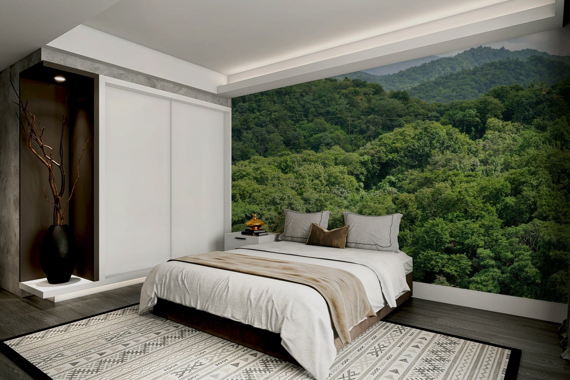 A peaceful green meadow mural on decorative wallpaper.

