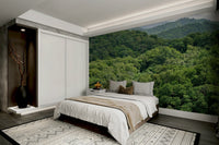 A peaceful green meadow mural on decorative wallpaper.

