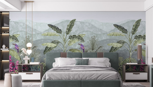 Vibrant botanical garden mural with flowers