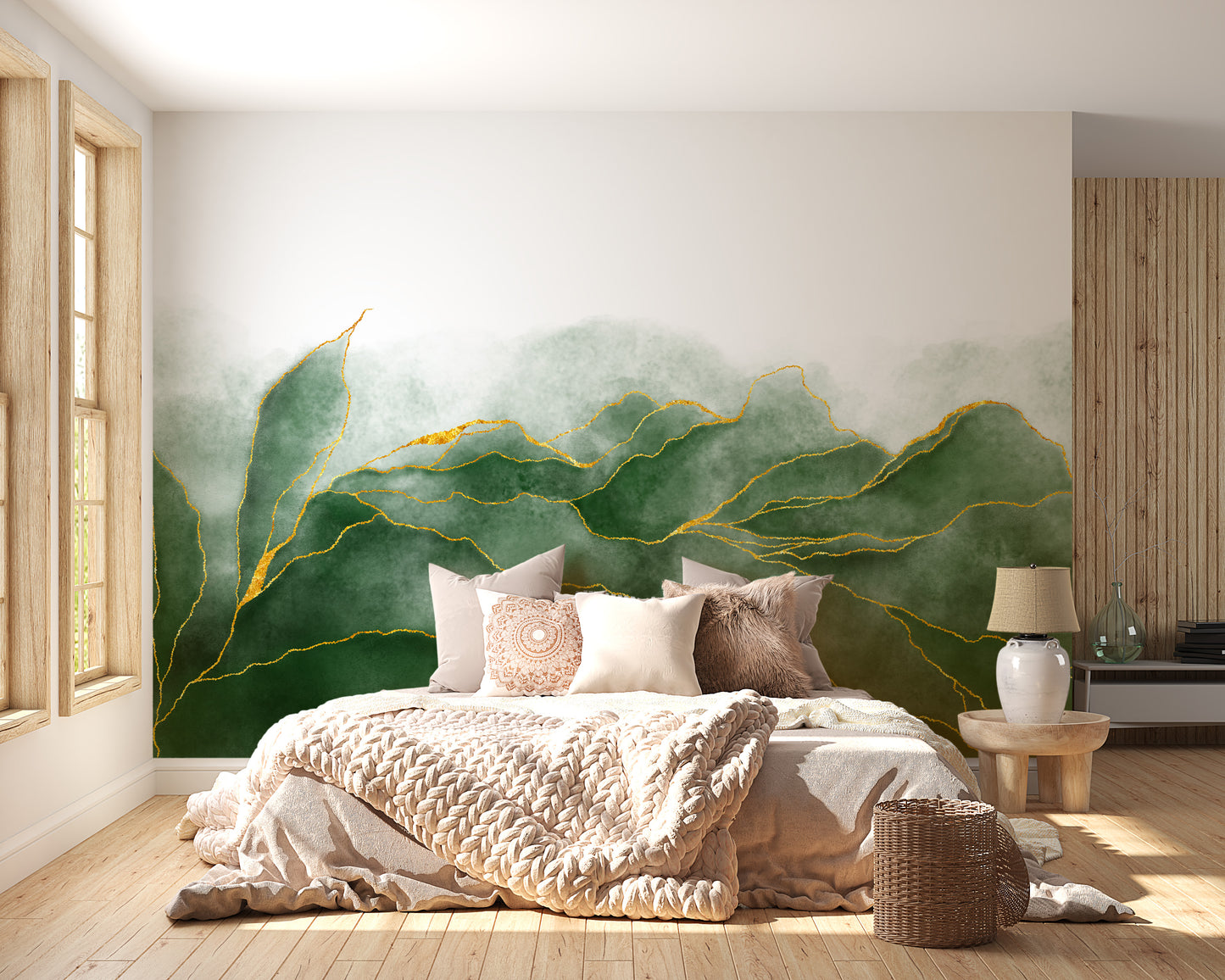 Lush Green wallpaper mural styled as a living room feature wall behind a sofa and seating in green tones