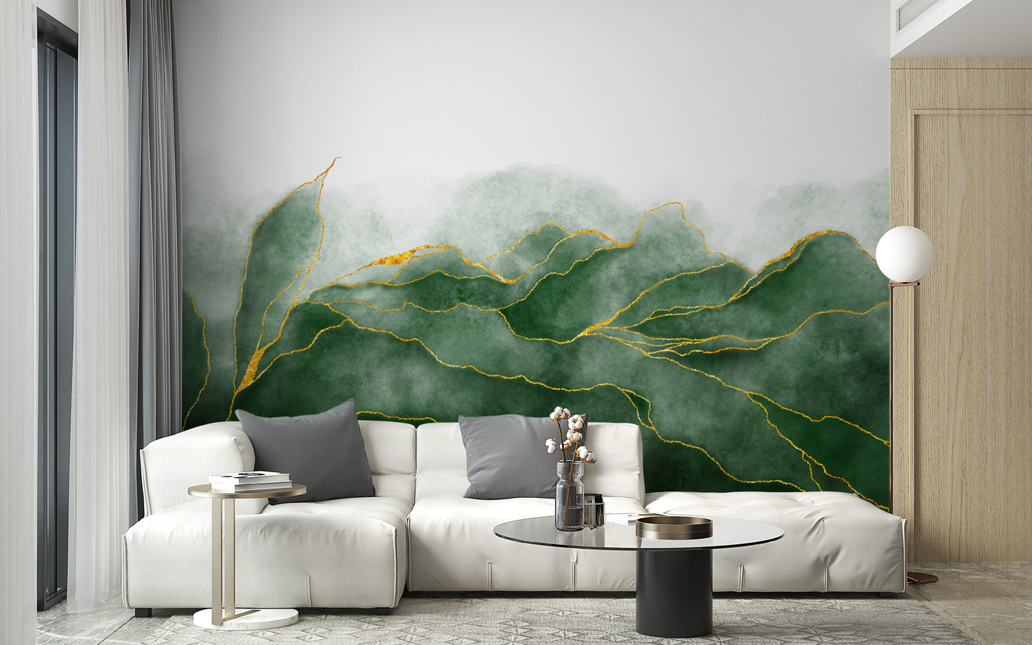 Lush Green wallpaper mural styled as a feature wall behind a dining table and chairs in green tones