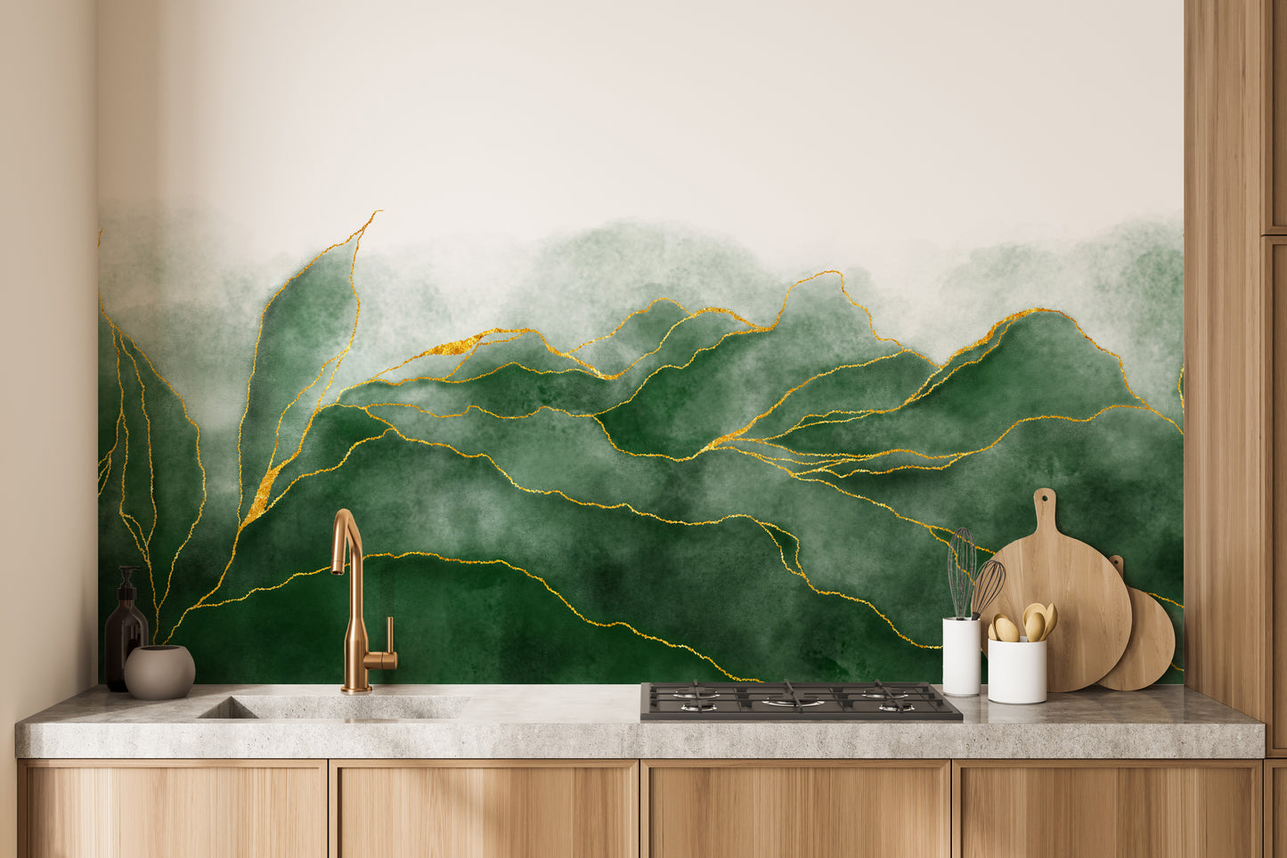 Lush Green wallpaper mural styled along a hallway feature wall near a console in green tones