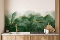 Lush Green wallpaper mural styled along a hallway feature wall near a console in green tones