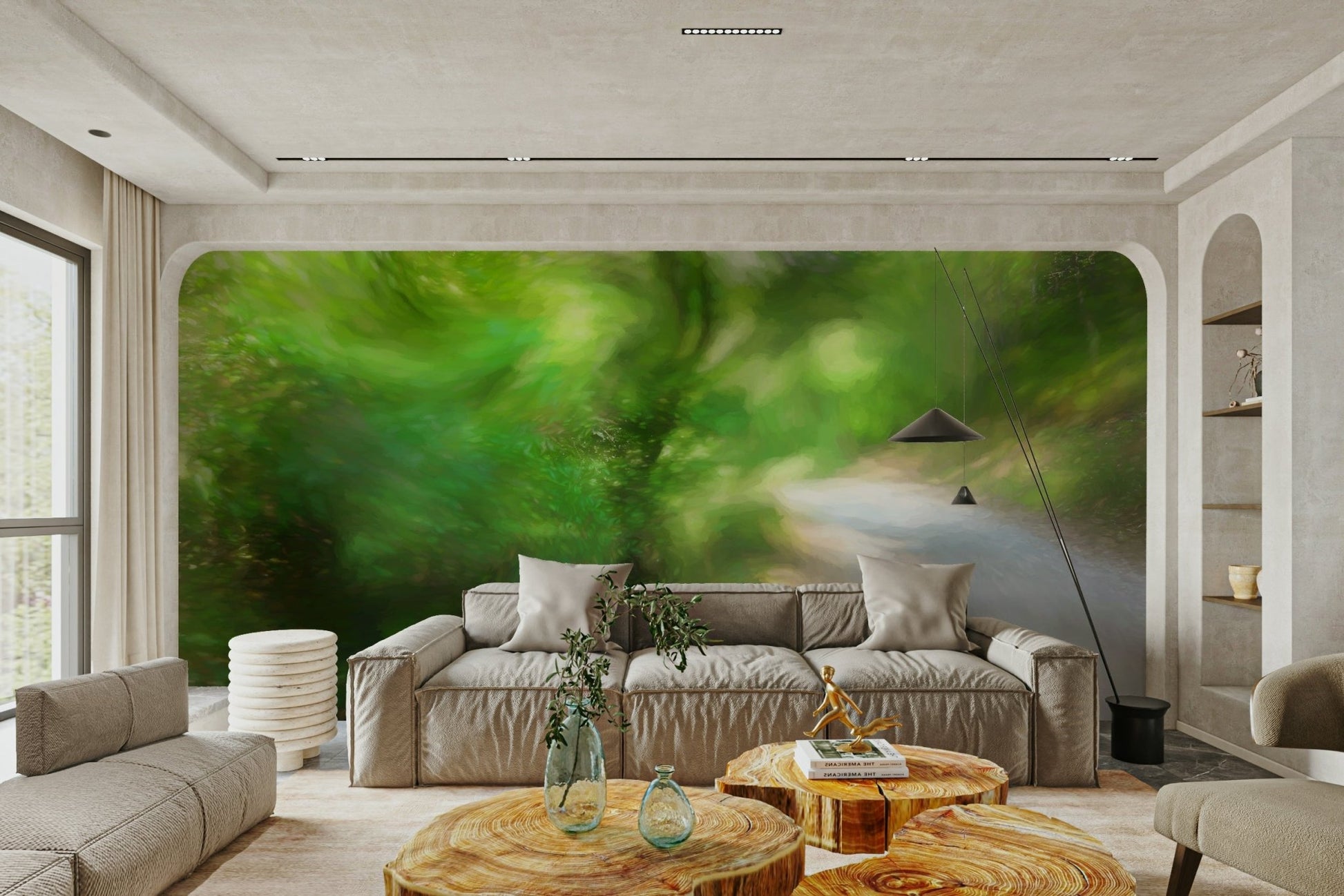 Lifestyle view with the mural behind a simple wooden desk and chair.

