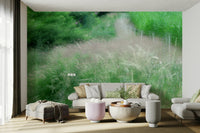 Muted green forest path mural
