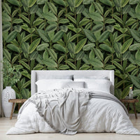 A wallpaper with a repeating pattern of rubber tree leaves and other tropical foliage.
