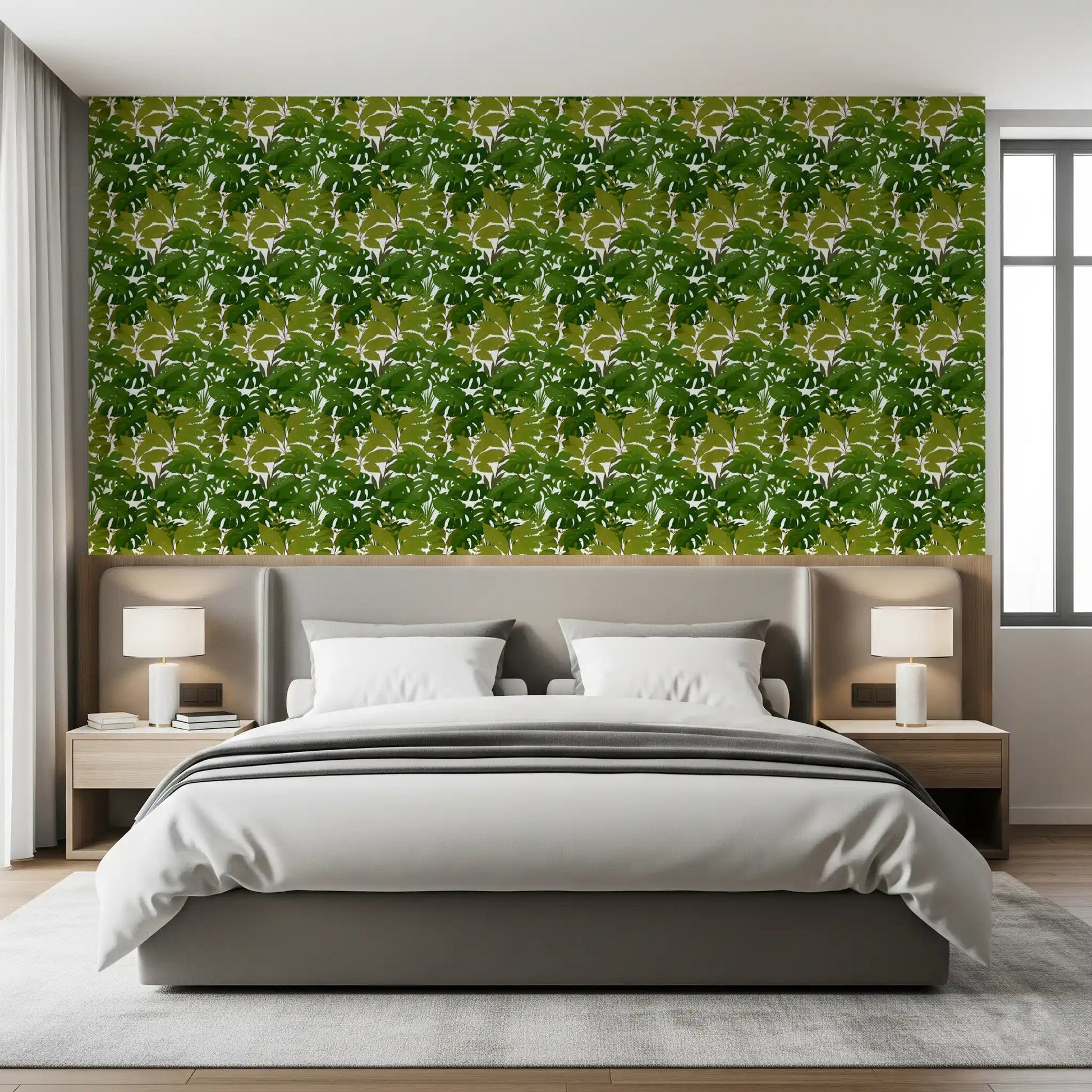 Bedroom Lush Leaf Canopy wallpaper with tropical monstera pattern
