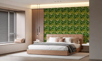 Repeating botanical wallpaper in fresh green leaf and olive tones