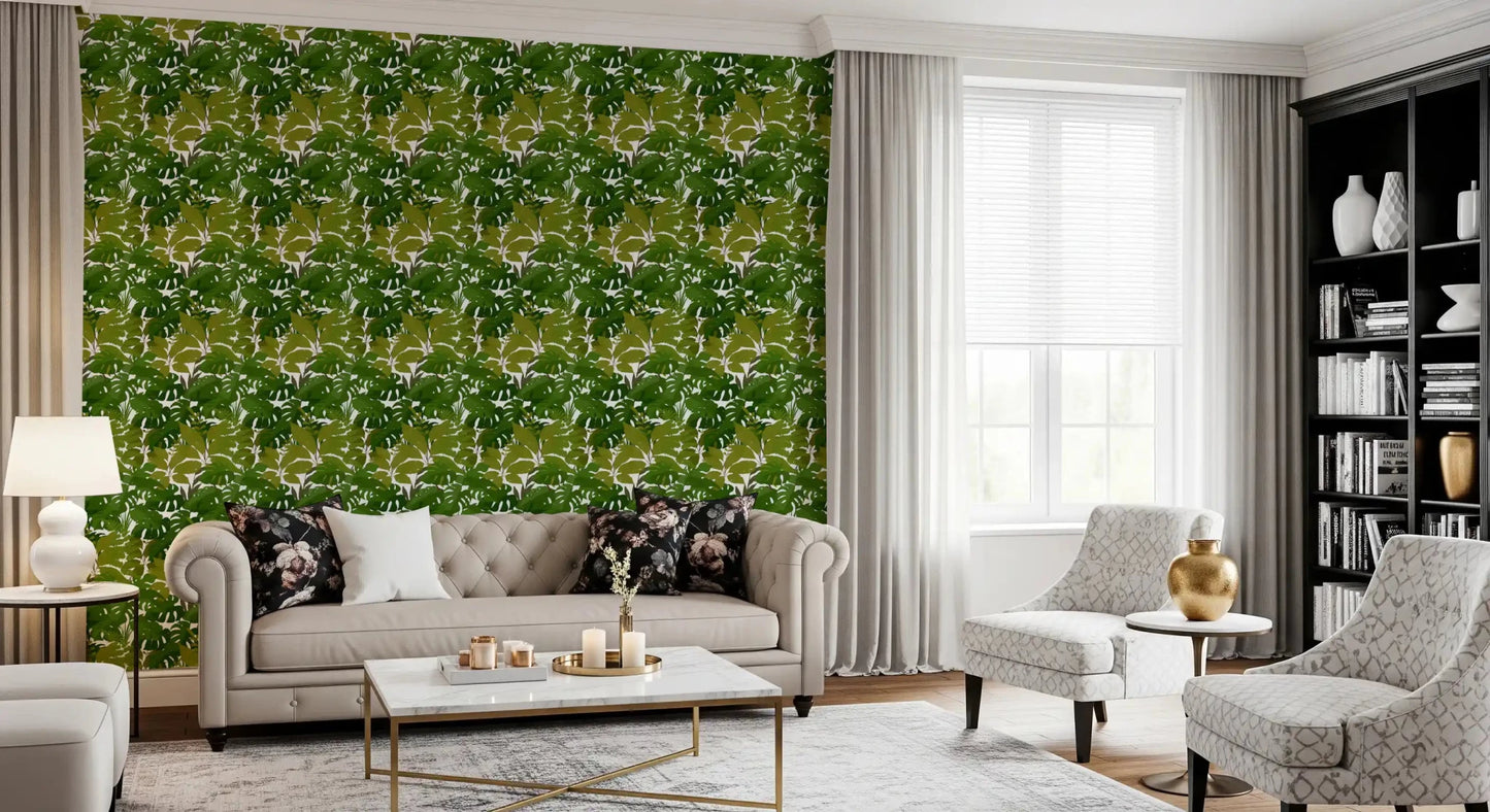 Tropical foliage wallpaper with layered green leaf pattern