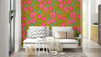 The colors are soft, muted tones of pink, red, green, blue, and brown.


