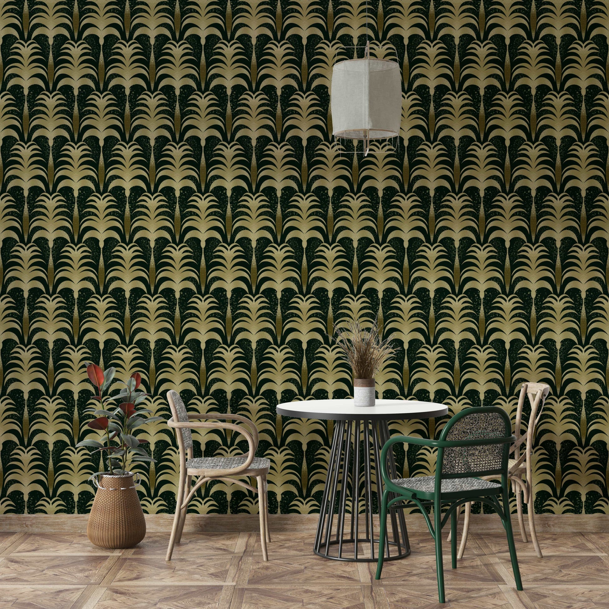 A beautiful modern art wall mural of tropical leaves.

