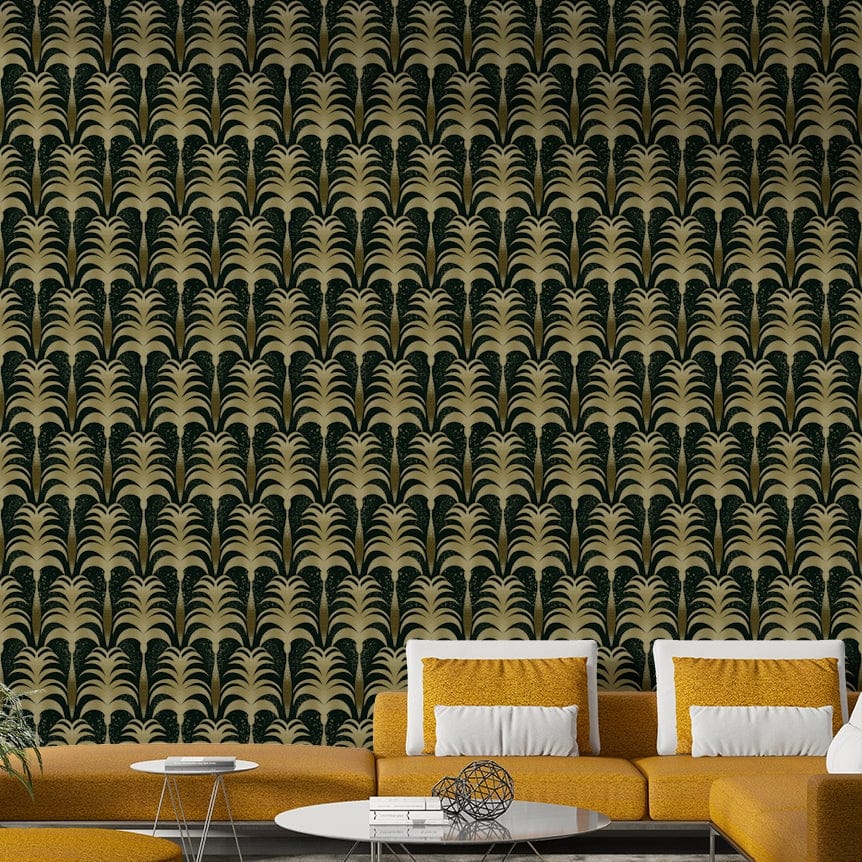 A peaceful tropical garden mural on decorative wallpaper.

