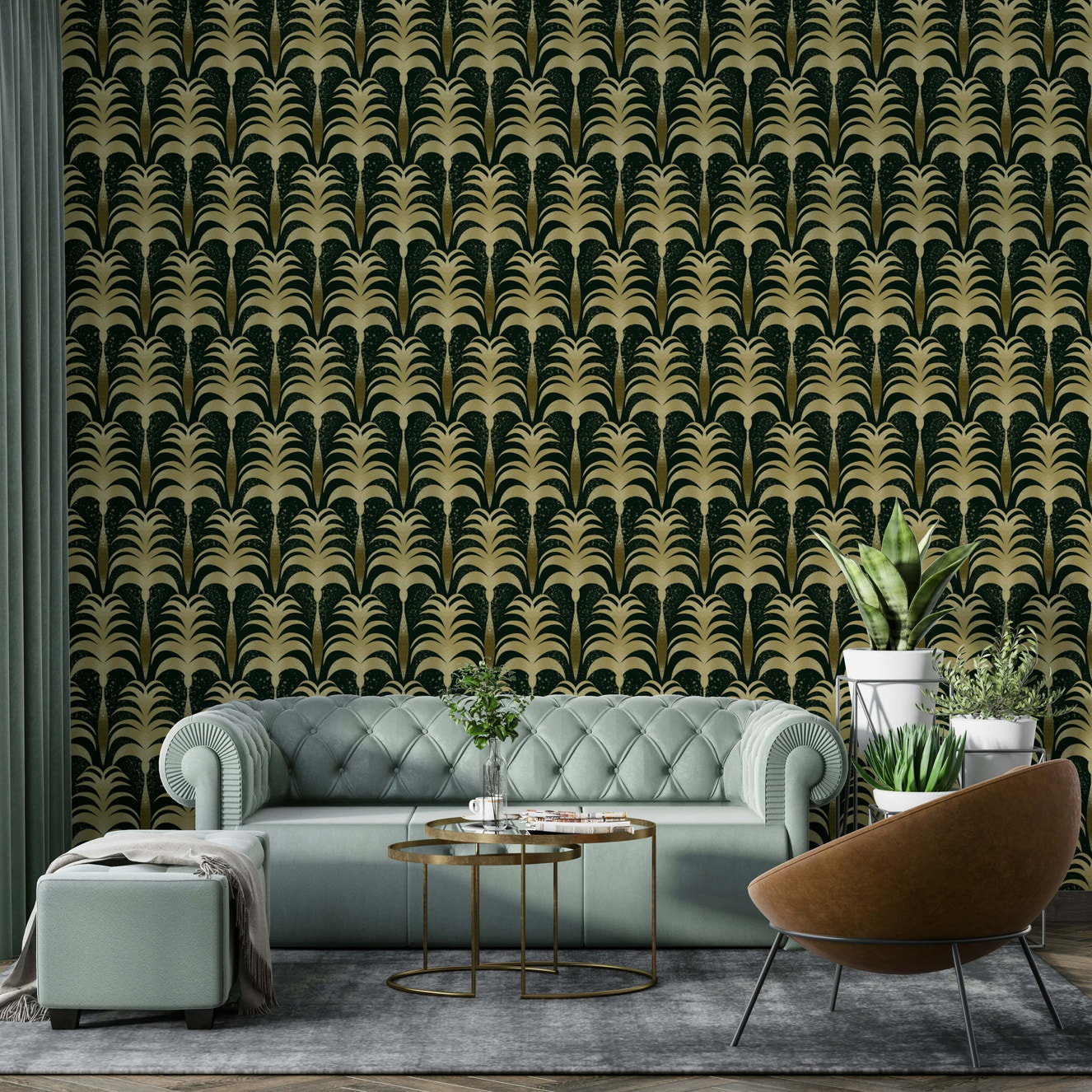 A beautiful vintage palm leaf wallpaper mural for a luxury home.


