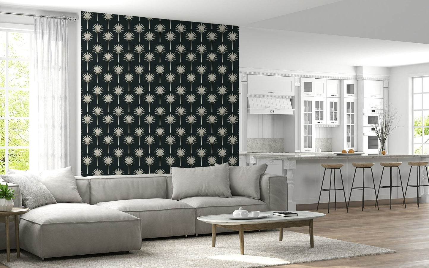 Stylish Tropical Flair wall art, repeated abstract fan palms in light tan.