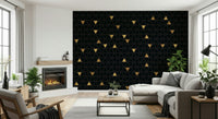 A stylish office space using the Luxury Black and Gold Triangles Wall Mural, a perfect example of elegant geometric wallpaper.