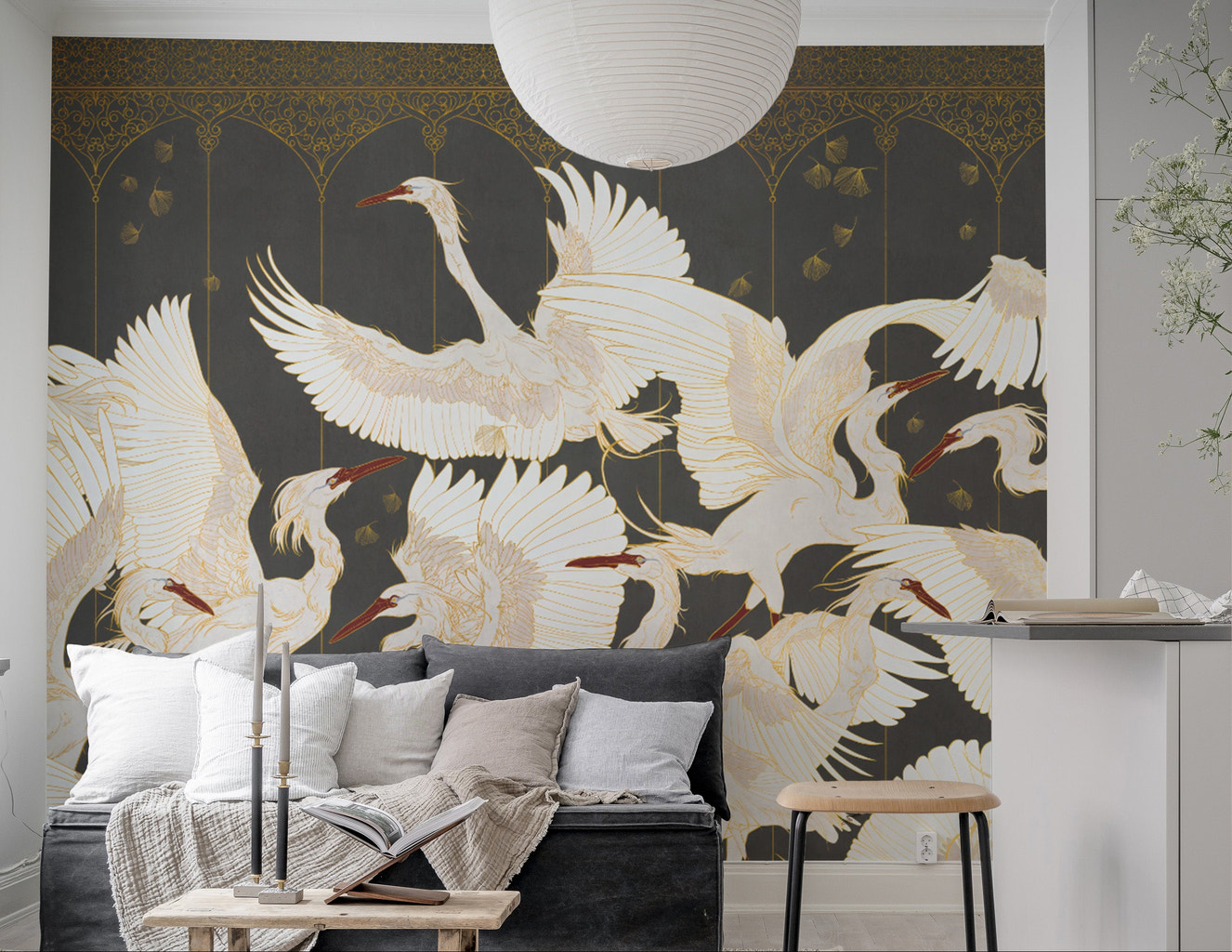 Luxury dark crane wallpaper design
