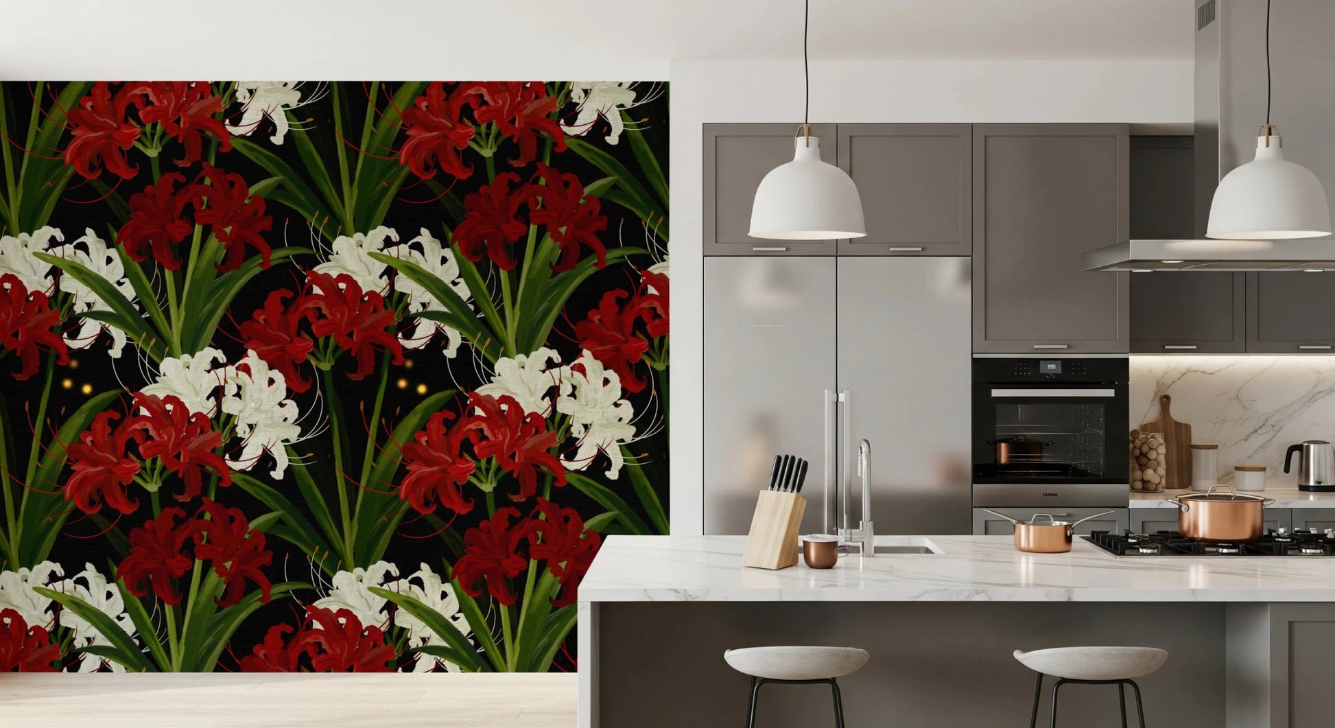 Lycoris Noir Midnight Romance white red flowers bloom Wall Mural
