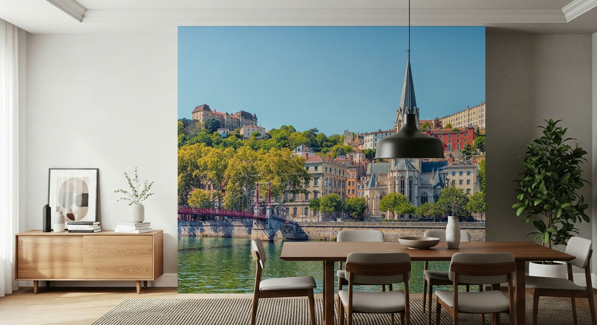 Lyon riverfront scene mural in bedroom, soft colour and depth